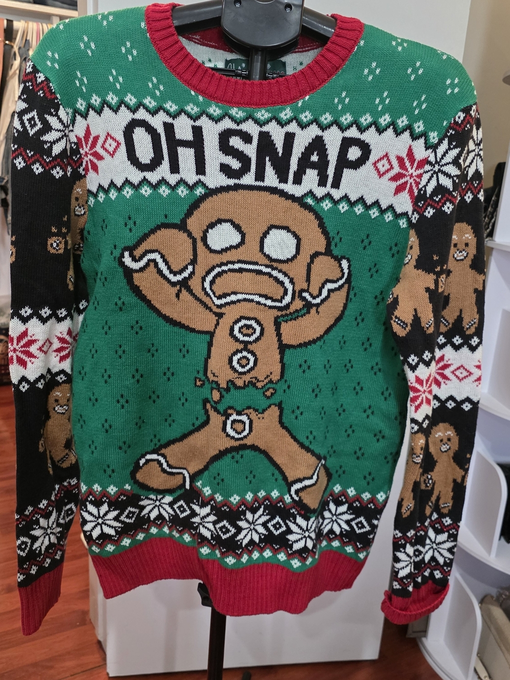 Ugly Christmas Sweater Green Red Black Oh Snap Gingerbread Crewneck